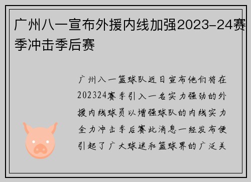 广州八一宣布外援内线加强2023-24赛季冲击季后赛