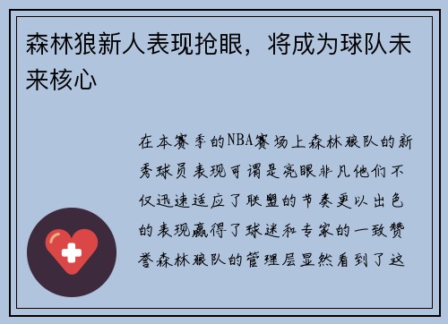 森林狼新人表现抢眼，将成为球队未来核心