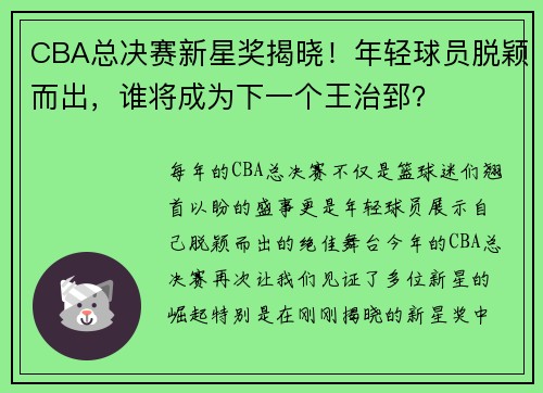 CBA总决赛新星奖揭晓！年轻球员脱颖而出，谁将成为下一个王治郅？