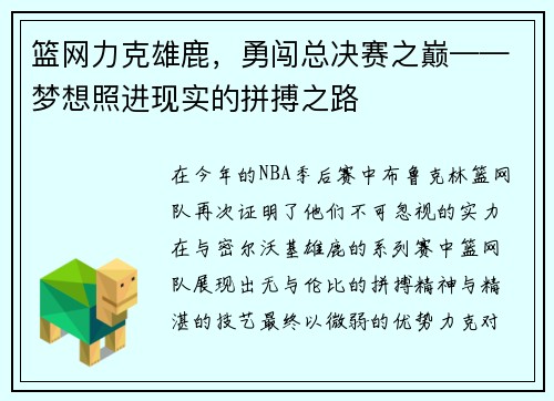 篮网力克雄鹿，勇闯总决赛之巅——梦想照进现实的拼搏之路